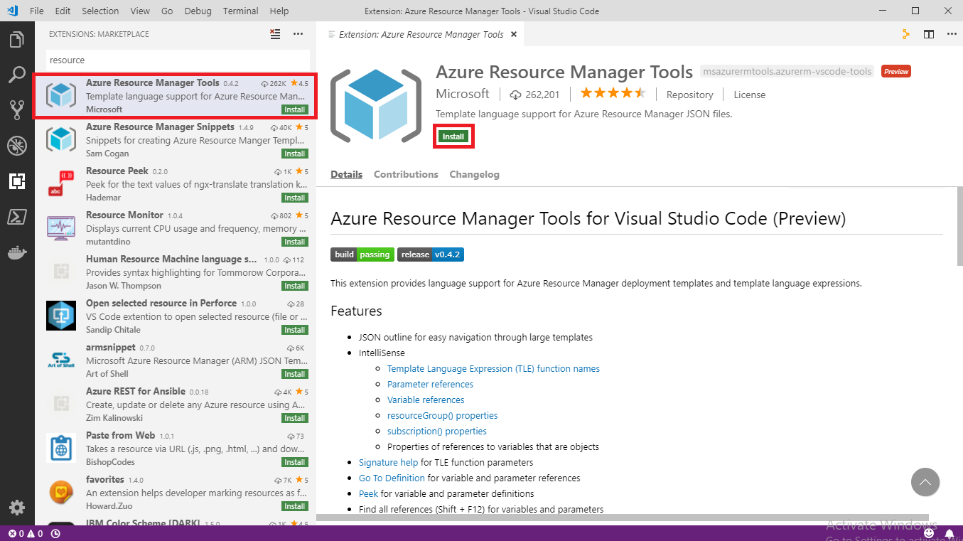 Screenshot of Visual Studio Code with the Azure Resource Manager Tools extension highlighted